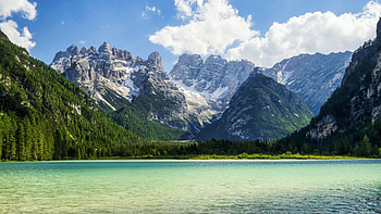 Cristallo mountains in the late afternoon, Italy, dolomites, clouds, landscape, sky, alps, lake HD wallpaper