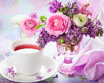 roses,lilacs and cup of tea, still life, teacup, tea, roses, lilacs, flowers HD wallpaper