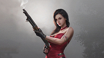 Fantasy Girl In Red Dress With Gun , fantasy-girls, fantasy, artist, artwork, digital-art, artstation, red-dress HD wallpaper