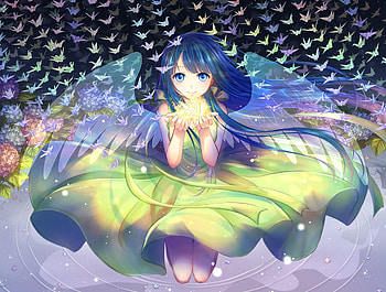 Cute, anime girl, blue hair, night out, small birds, original HD wallpaper