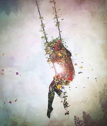 Art, surrealism, swings, flowers HD phone wallpaper