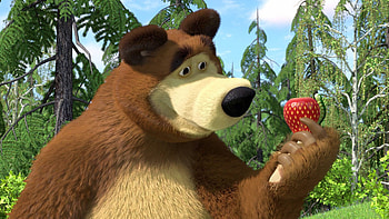 Masha and the Bear, animal, strawberry, animation, green, movie, red, fruit, forest HD wallpaper