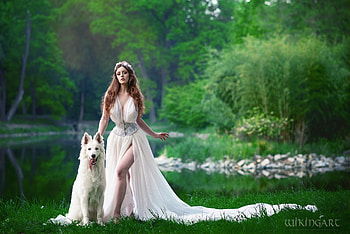 ღ, Pond, Nature, Girl, Dog HD wallpaper