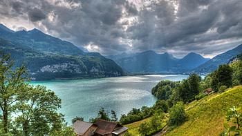 Lake Walensee, Switzerland, clouds, trees, landscape, sky, alps, water, mountains HD wallpaper