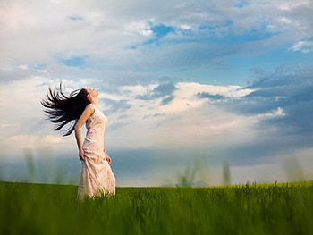 Feel the Breeze, summer, wind, breeze, field, clouds, women, sky HD wallpaper