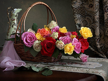 Rose basket, Roses, Flowers, Vase, Basket HD wallpaper