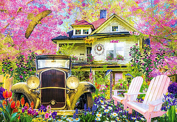 Bit of Nostalgia, artwork, chairs, painting, car, garden, flowers, cottage HD wallpaper