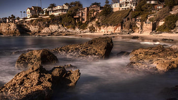 wonderful laguna beach los angeles, houses, rocks, hill, beach HD wallpaper