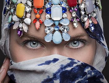 Beauty, blue, colorful, model, eyes, girl, woman, jewel, face, scarf HD wallpaper