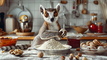 Baking with Lemur, cooking, flour, jam, walnut, lemur HD wallpaper