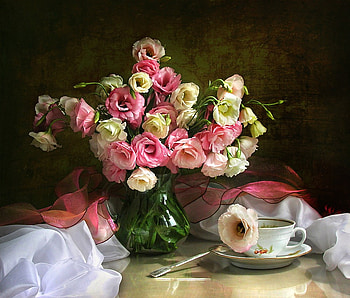 still life, bouquet, gentle, graphy, tea, kettle, nice, flower, coffee, , elegantly, beautiful, cup, pink, cool, flowers, scarf, harmony, drink HD wallpaper