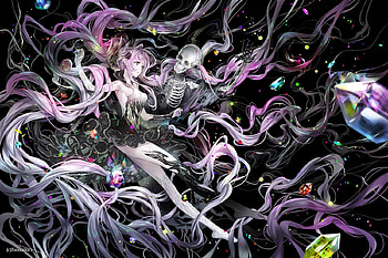 Dancing with Death, bones, black, frumusete, foo midori, skeleton, skull, girl, rumusete, death, halloween, pink, anime, fantasy, luminos, manga HD wallpaper