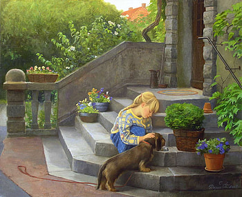 Water Break, dog, water bowl, plants, steps, girl, flower pots, door, leash, stone, trees HD wallpaper