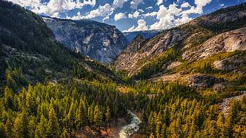 Tuolumne Meadows, California, river, clouds, landscape, trees, sky, mountains, usa HD wallpaper