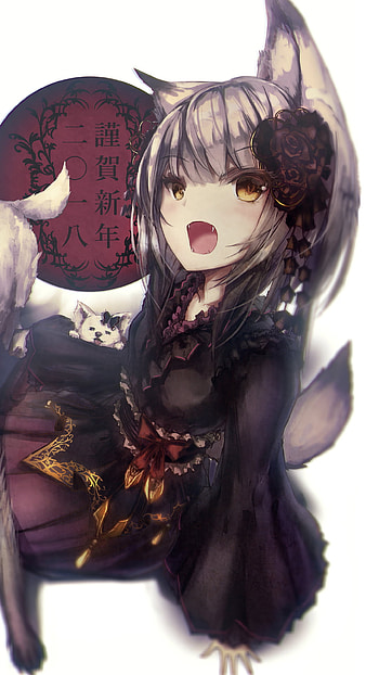 japanese clothes, wolf, flower, nekomimi, Anime, Original HD phone wallpaper