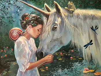 Girl and unicorn, art, fantasy, javier carmona, unicorn, kiss, girl, luminos HD wallpaper