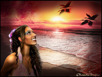 **BEAUTIFUL SUNSET**, birds, emotional, artists, colors, manipulation, wonderful, animals, emo, female, sweet, splendid, sunsets, gorgeous, eyes, fantasy, pretty, face, nature, models, hair, lovely, Roserika, colorful, sand, cute, digital art, beauty, abstract, amazing, lips, sea, beautiful, people, backgrounds, hop, love, cool, girls, women, splendor HD wallpaper