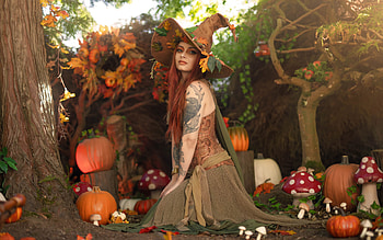 Witch, halloween, model, autumn, girl, toamna, hat, woman, redhead HD wallpaper