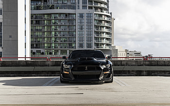 Ford Mustang Shelby, front view, exterior, Shelby logo, black Ford Mustang, Mustang tuning, american sports cars, Ford HD wallpaper