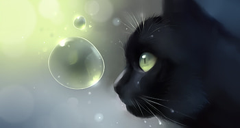 Face to face, pisica, black, fantasy, apofiss, green, cat, luminos, bubble HD wallpaper