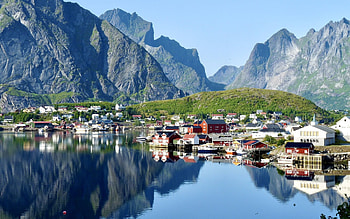 Lofoten Islands, Norway, Norway, mountains, water, islands, village, harbor HD wallpaper