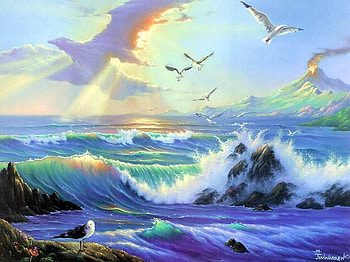 Ocean, sea, painting, sky, wave HD wallpaper