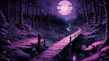 Purple Moon, purple, bridge, moon, forest, tree HD wallpaper