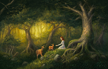 :), art, fantasy, yellow, deer, sam mckinnon, girl, forest, tree, green HD wallpaper