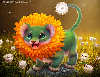 DandeLion, flower, cute, piper thibodeau, lion, orange, leu, art, fantasy, green HD wallpaper