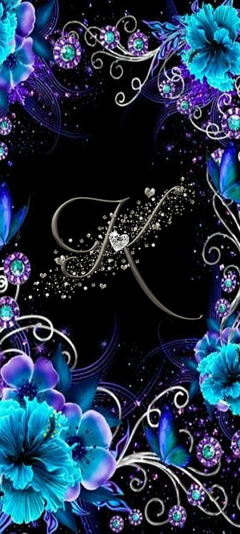 Letter K, flowers, blue, black, hearts, purple, silver, cute HD phone wallpaper