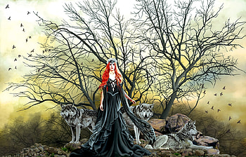 Wolf Maiden, wolves, art, , red hair, beautiful, girl, woman, digital, fantasy HD wallpaper