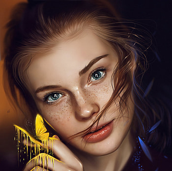 Dream, art, eyes, girl, hand, butterfly, fantasy, portrait, yellow, face, freckles, yasar vurdem, luminos HD wallpaper