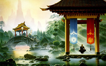 Mystical scene, bridge, river, meditation, tree HD wallpaper