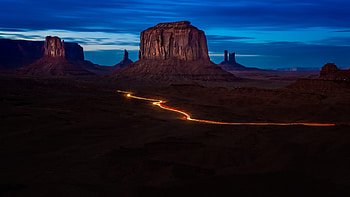 Dark Desert Road, blue, AZ, auto light trails, ultra, USA, natural momuments, dusk, rocks, rural, 3840x2160, nature, sky HD wallpaper