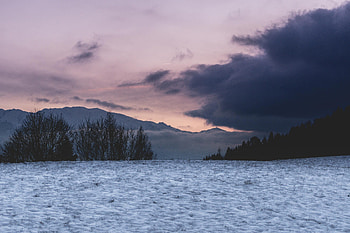 Nature, Trees, Mountains, Clouds, Snow, Field HD wallpaper