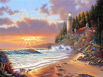 Derk HANSEN estaciones de la Luz, sea, derk hansen, lighthouse, painting, art, sunset HD wallpaper