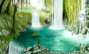 **Secret Paradise**, rays, plants, digital art, reflections, scenery, trees, drawings, paradise, paintings, rocks, Secret Paradise, secret, landscapes, ivy, light, waterfall, nature HD wallpaper