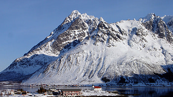lovely norwegian village under a white mountain, winter, church, harbor, village, mountain HD wallpaper