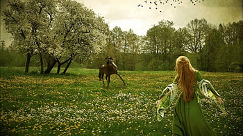 Fantasy Cowgirl, style, graphy, fun, cowgirls, fashion, horses, fantasy, abstract, westerns, fields, trees, girls, flowers, women, female HD wallpaper