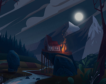 Art, Mountains, Bonfire, Night, Small House, Lodge, Hill HD wallpaper