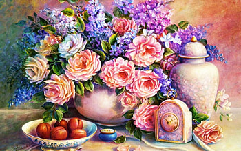 Still Life, vase, clock, flowers, fruits, spring HD wallpaper