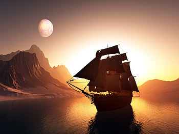 Sailboat at Night, ship, moon, landscape, graphics, sail, nature, mountains HD wallpaper