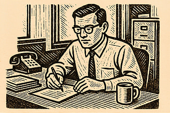Office Worker Illustration – Classic Desk Scene, man, office, writing, vintage HD wallpaper