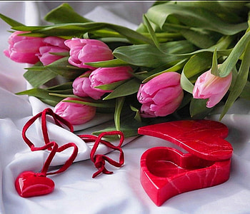 Pink tulips and red heart, other, tulips, spring, beauty, pink, abstract, petals, red, nature, flowers, heart HD wallpaper