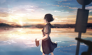 Lake, sunset, cute anime girl, school dress HD wallpaper