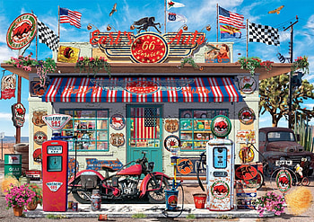 Earl's Auto Shop, motorbike, shop, pickup truck, gas pumps, route 66, auto, flag HD wallpaper