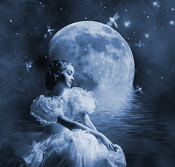 Moon Girl, night, abstract, full, moon, fantasy, girl, stars HD wallpaper