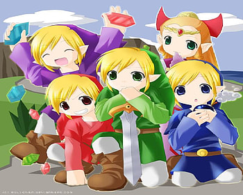 Four Swords-Happy Colors, island, blue, colorful, cute, dress, bomb, links, sword, four swords, rupees, tunic, princess zelda, green, red, zelda, video games, vio HD wallpaper