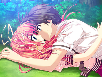 Shocking Kissing, sweet, shock, cute, long hair, anime, couple, kiss, green eyes, yellow ribbon HD wallpaper