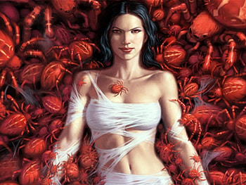 fantasy, bugs, webs, red, woman HD wallpaper